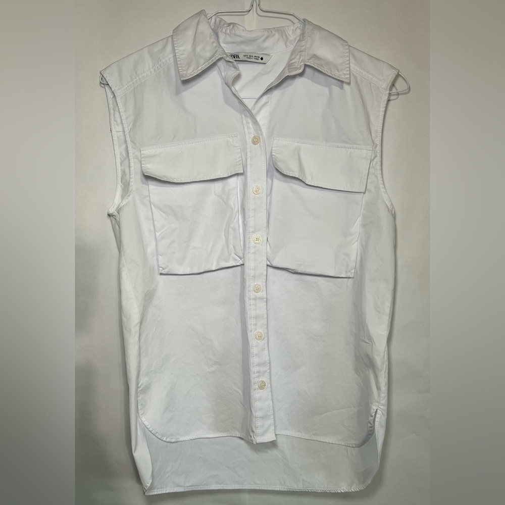 Zara White Sleeveless Button Up Collared  Utility Shirt W/ Chest Pockets Sz S